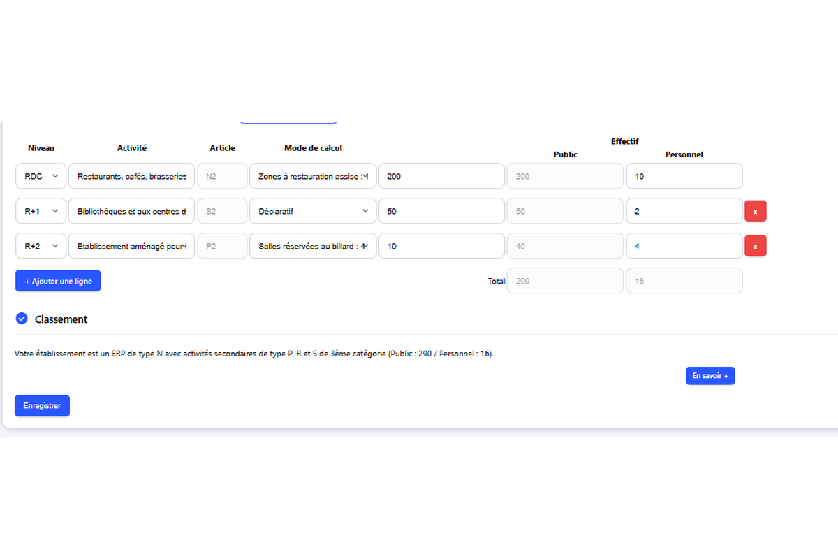 Capture d'écran : Activités de l'établissement